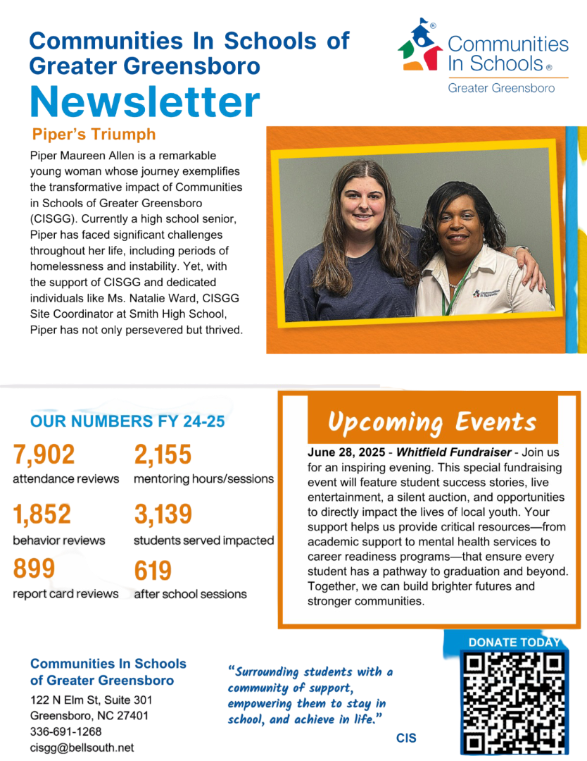 Piper Allen, student success story, Cone Health, partnership, Hayes Clement, CISGG founder, donor spotlight, community impact, education support, at-risk students, school-based programs, mentoring, academic achievement, nonprofit giving, student opportunities